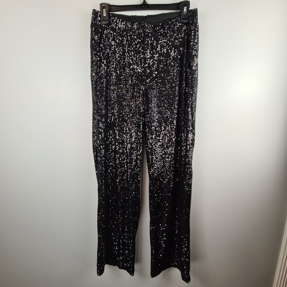 Cable‎ & Gauge Womens Black Sequin Wide Leg Pants Sparkly Party Trousers Small